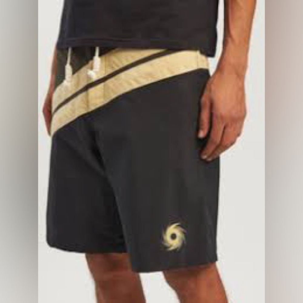 Palm Angels Black and Gold Striped Swim Shorts with Spiral Emblem